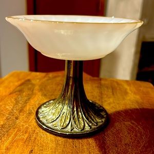 Vintage Milk Glass Pedestal Dish With Metal Base